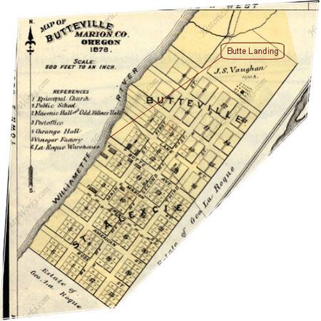 Enlargement of Street Platt Map of Butteville [taken from Marion & Lynn Counties, 1878; published by Edgar Williams & Co.]