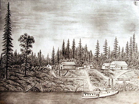 A drawing of the original Alexis Aubichon Home on his Donation Land Claim east of La Butte in the town of Butteville. This drawing was prepared by John Dunn and submitted to Surveyor General John B. Preston in April, 1883. Note: the stern-wheeler Canemah pulled up at the Butteville Landing. [Photo courtesy OPRD]