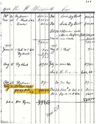 JJ Ryan Store ledger page documenting the sale of 50 bales (approximately 10,000 pounds) of hops to Henry Weinhard on Feb. 6, 1906. Sell price was ten and a half cents per pound for a total sales of $981.43. [Photo courtesy Pat Leavy]