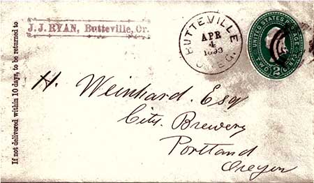 Letter to H. Weinhard Esq. from J.J. Ryan dated April 4, 1893. [Photo courtesy Pat Leavy]