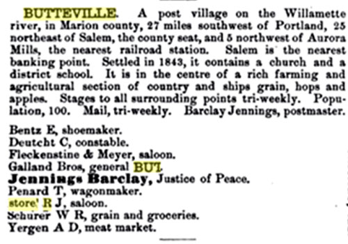 Butteville mentioned in the 1884 Oregon, Washington & Idaho Gazeteer and Business Listing