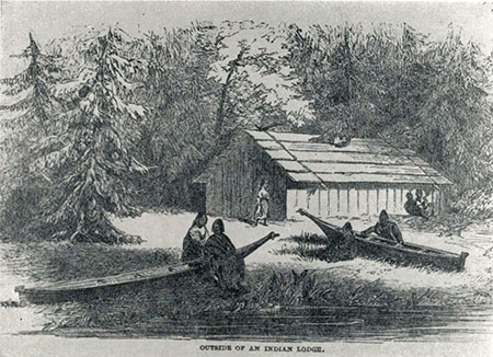 Outside of an Indian Lodge: A gabled house; river canoes on the bank. [From Indians of the Pacific Northwest by Ruth Underhill]